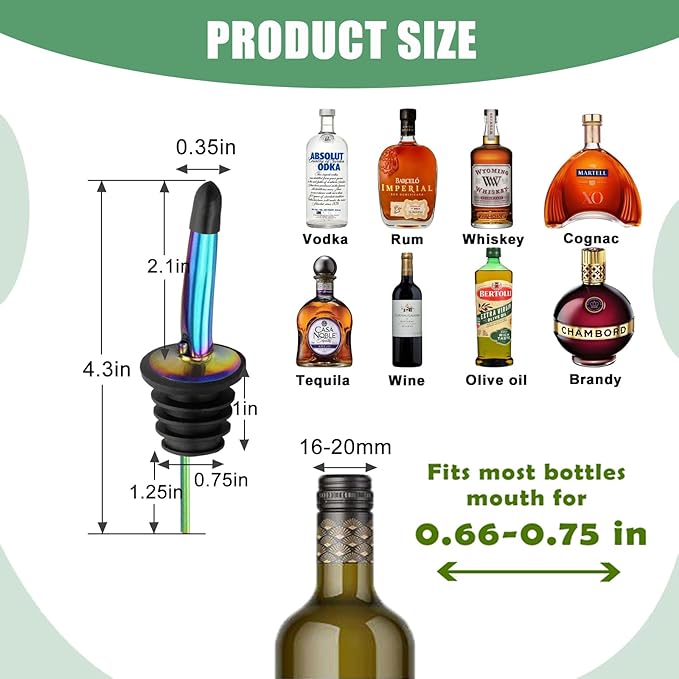 WAFJAMF 6 Pcs Liquor Pour Spouts Set, Stainless Steel Liquor Bottle Pourers with Rubber Dust Caps, for Pours Liquid, Olive Oil, Wine, Vinegar（Rainbow）