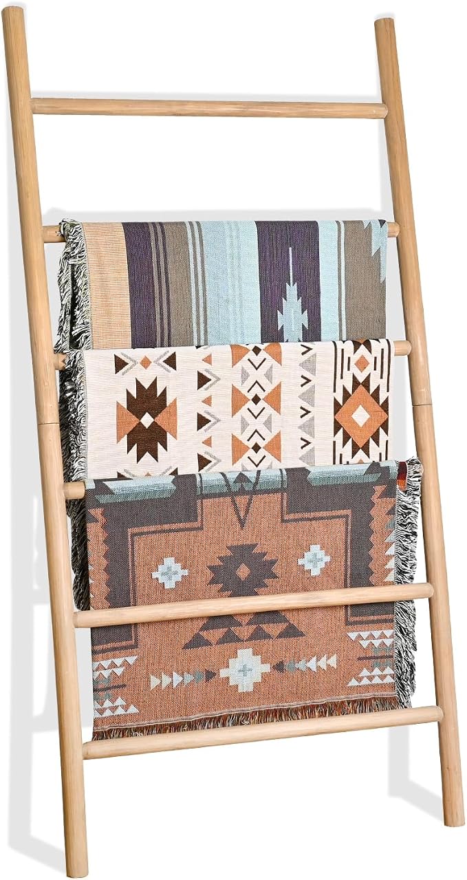 FUIN 6.4ft Extra Wide Wood Blanket Ladder Living Room Decorative Wall Leaning Farmhouse Quilt Display Holder Rustic Wooden Towel Rack for Bathroom, Brown, 38 inch Wide