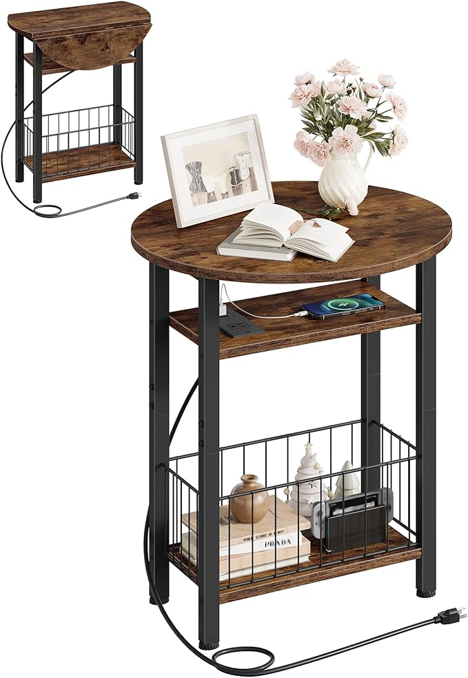 Folding Side Table, Side Table with Charging Station, 3-Tier Narrow End Table with Folding Top, Round Side Table for Small Spaces, for Living Room, Bedroom, Rustic Brown TBZ10UBF