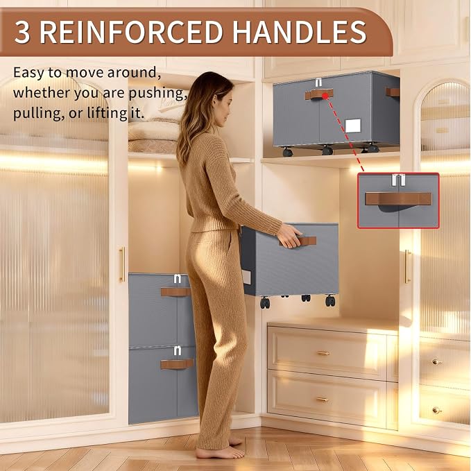 Foyego Shoe Organizer for Closet, Shoe Storage Organizer with Wheels and Adjustable Dividers, Stackable Shoe Storage Box with Clear Cover, Foldable Closet Shoe Organizer Fits up to 24-48 Pairs, Gray