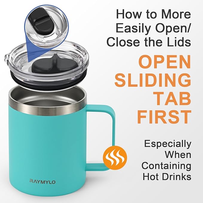 Insulated Coffee Mug 12 oz, Double Wall Stainless Steel Coffee Mug with Lids, Leak-Proof & Detachable Slider Lid for Thorough Clean, Keeps Coffee Cold for 9 Hrs, Suitable for Camp Home Office