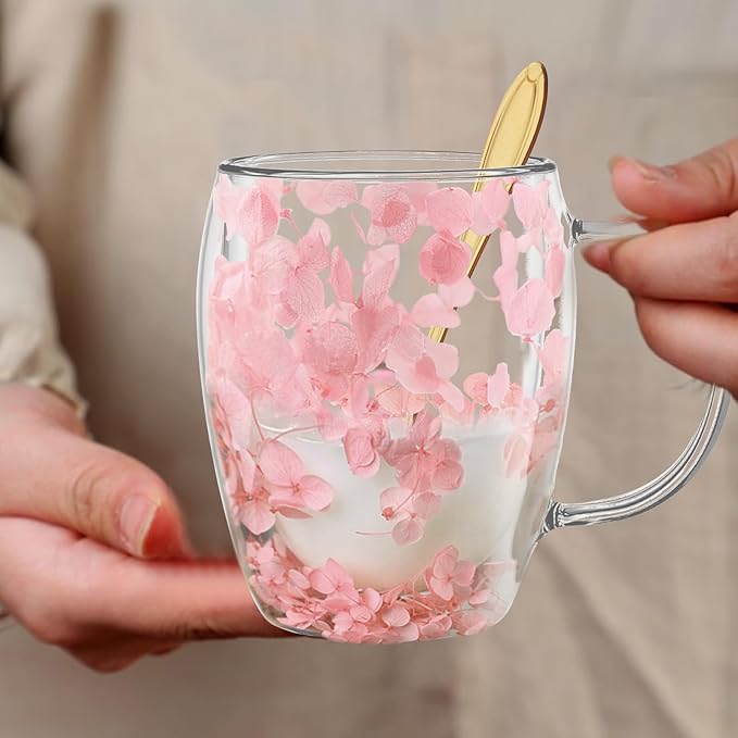 Gifts for Women Dried Flowers Double Wall Glass Coffee Mugs Cute Glass Tea Cups with Handles Autumn Mug Christmas Birthday Gifts for Best Friend Teacher Mum Gift New Home Gift Ideas Home Decor