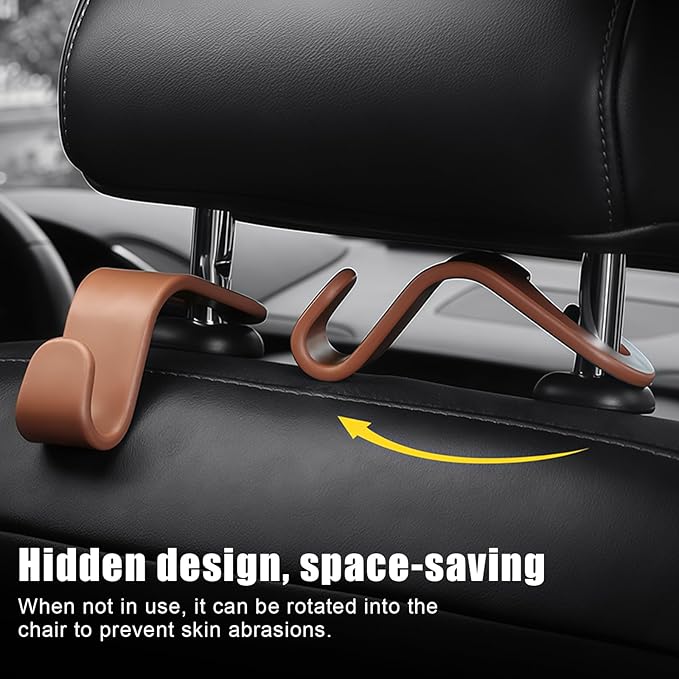 4 PCS Car Headrest Hooks - 360 Rotatable Auto Back Seat Storage Organizer, Universal Vehicle Car Organization Hangers for Purses, Bags, Cloths & Water Bottles Hook Seat Accessories, Brown