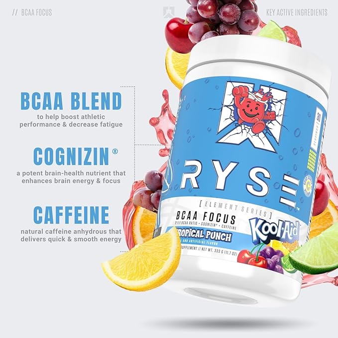 RYSE BCAA Focus Powder - Kool-Aid Tropical Punch - BCAA Supplement with Electrolytes, Natural Caffeine & Cognizin Supports for Hydration, Recovery, Energy, and Focus for Men & Women - 30 Servings