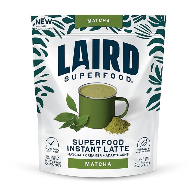 Laird Superfood Matcha Instant Latte with Adaptogens - Matcha Latte Green Tea Powder Packed with Antioxidants and Superfood Coconut Creamer - Gluten Free, Non-GMO, Vegan, 8 oz. Bag, Pack of 1