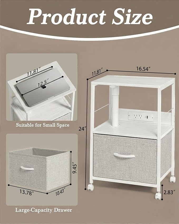 Faesun Swivel Lift Top Nightstand with Charging Station, Rolling Side Table for Recliner, Bedside Table with Wheels & a Fabric Drawer, for Small Spaces, for Bedroom, Living Room, White Gray