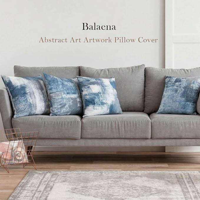 Set of 4 Blue and Grey Abstract Art Artwork Pillow Cover 18 x 18 Inch, Gallery Modern Decorative Throw Pillows Cushion Cover for Bedroom Sofa Living Room