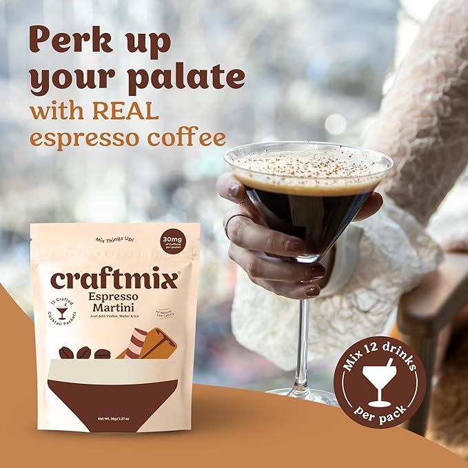 Craftmix Espresso Martini Cocktail & Mocktail Drink Mixer, Skinny Mixes - Water Flavoring Packets - Made With Real Coffee Beans - Vegan, Low-Carb, Low-Sugar, Non-GMO, Dairy Free, Gluten Free, 12 Pack