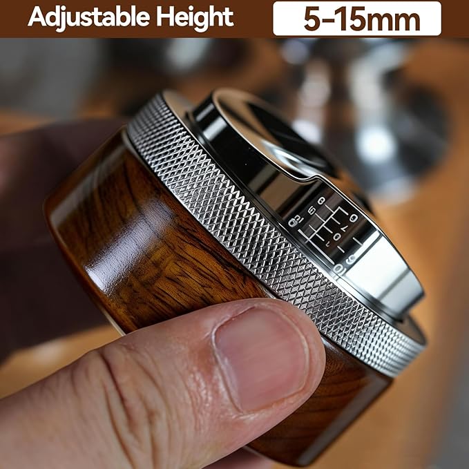 53mm Espresso Coffee Distributor - Adjustable Height 5-15mm, Walnut Wood Lid & 304 Stainless Steel Base, Compatible with Breville 54mm Portafilter for Coffee Enthusiasts
