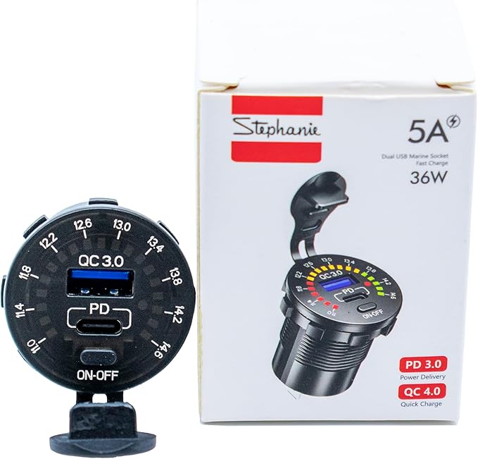 12/24V Socket Dual USB Type C PD 3.0 (36W) + USB A (18W) Fast Charger with Built-in Voltmeter & Power Switch for Car, Boat, Marine & RVs