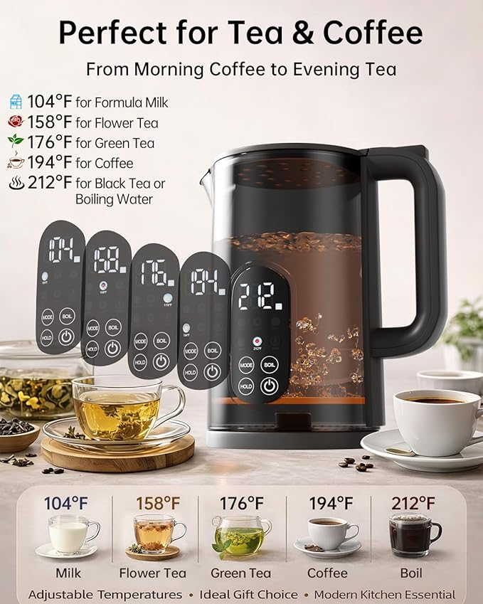 Electric Kettle with Temperature Control, 1.7L Stainless Steel Hot Water Kettle, 5 Presets for Tea & Coffee, 2H Keep Warm, Fast Boil, Auto Shut-Off & Boil-Dry Protection, Cordless Tea Kettle, Black