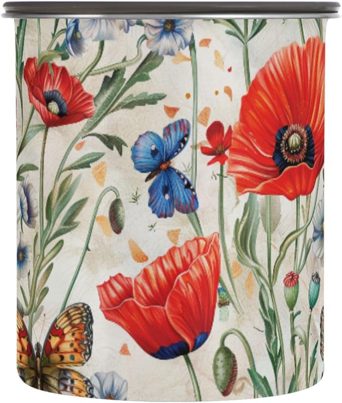 ALAZA Red Poppy Flowers Butterfly Airtight Coffee Bean Canister 900ml Food Storage Containers with Lids For Gournd, Tea, Sugar, Flour, Rice, Cereal, Candy Cookie Jar