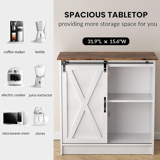 Farmhouse Coffee Bar Cabinet, Coffee Bar Table with Sliding Barn Door, Suitable for Kitchen, Dining Room and Living Room