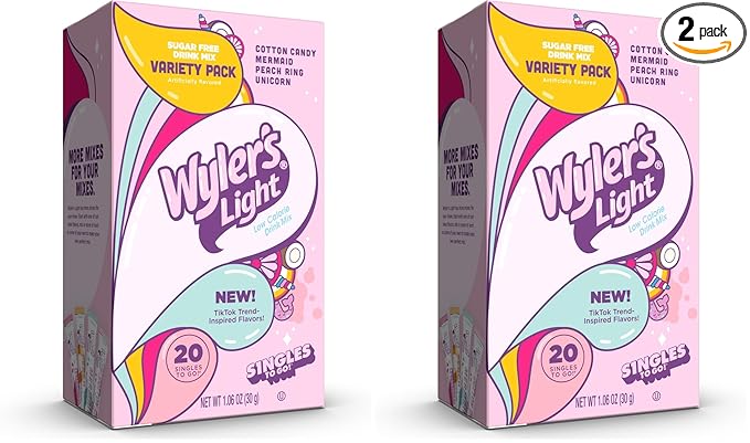Wyler's Light Singles to Go Powder Packets, Water Drink Mix, Variety Pack, Watertok Fun Flavors, Cotton Candy, Mermaid, Peach Ring, Unicorn, Sugar & Caffeine Free, On-The-Go,20 Count (Pack of 2)