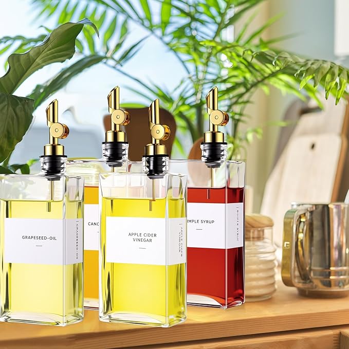 4 Pcs Olive Oil Dispenser for Kitchen, Glass Olive Bottles Oil Seasoning Bottle Set Coffee Syrup Soy Sauce Dispenser(Gold,500 ml)
