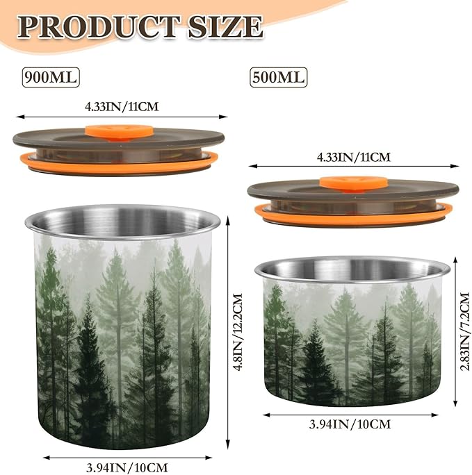 Pine Trees Airtight Food Canister, 30oz Stainless Steel Storage Jar for Coffee Beans Tea Grains Snacks, Kitchen Organizer Decor