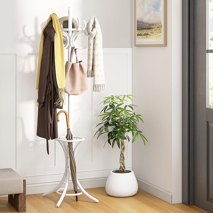 Giantex Solid Wood Coat Rack, Freestanding Hall Tree w/12 Hooks, Umbrella Holder, Entryway Hanger Stand for Coat, Hats, Scarves, Bags, Wooden Garment Rack for Bedroom, Hallway (White)