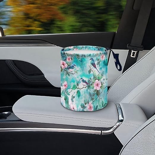 Green Hummingbird Car Trash Bin Garbage Can Leak Proof Waste Basket Container Bag Bin Portable Cup Holder Organizer with Strap Universal Storage Bag Box for Auto, Car, Camping, Travelling