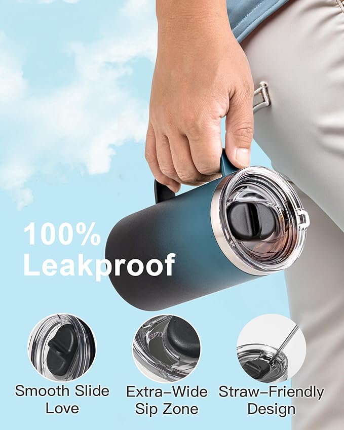Insulated Coffee Mug 24 oz, Double Wall Stainless Steel Coffee Mug with Lids, Leak-Proof & Detachable Slider Lid for Thorough Clean, Keeps Coffee Cold for 9 Hrs, Suitable for Camp Home Office