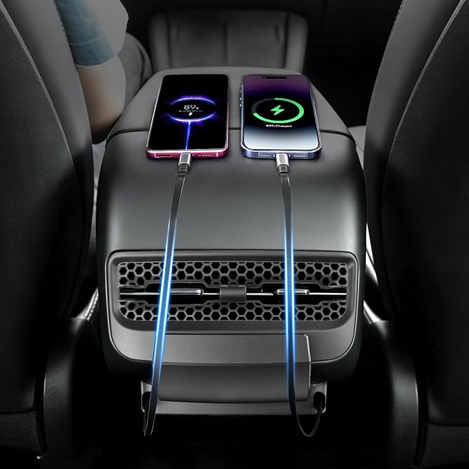 Rear USB Charger Hub for Tesla Model Y 2021-2024 Accessories- 4-Port Fast Charging Hub with Sliding Cover, 2 Type-C Docking Station for Tesla Model 3 Highland 2021-2023