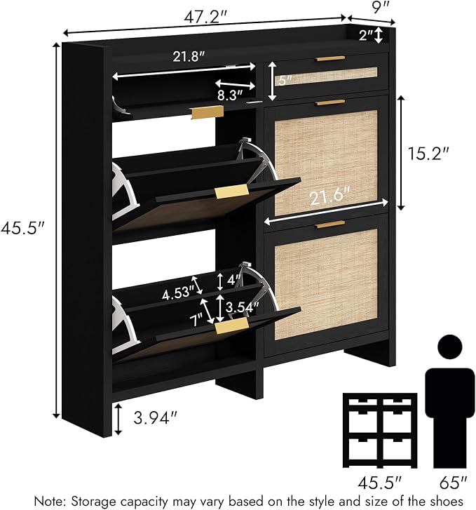 HOKYHOKY Large Rattan Shoe Storage Cabinet with 4 Flip Drawers & 2 Storage Drawers – Hidden Slim Shoe Organizer for Entryway, Large Tabletop Space, Farmhouse Boho Narrow Shoe Rack, Rustic Black