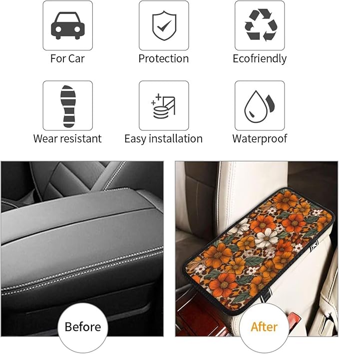 Brown Floral Center Console Cover Boho Hippie Daisy Cute Armrest Covers Soft Cozy Protector Interior Middle Console Lid Cover Pad Leopard Vintage Arm Rest Covers