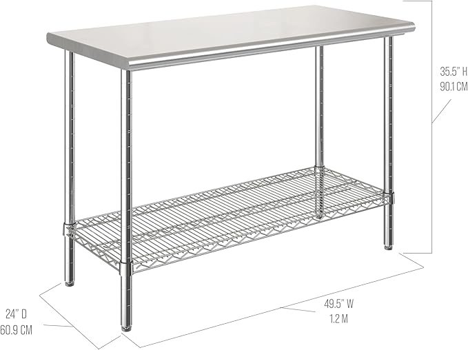 Seville Classics Commercial Work Table Island Utility Cart Prep Station, for Restaurant, Kitchen, Warehouse, Garage, Hotel, Home, Stainless-Steel Top NSF , 49" W x 24" D