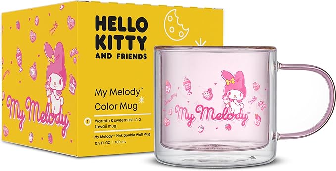 JoyJolt Hello Kitty Double Wall Insulated Coffee Mug ft My Melody, 13.5 oz Glass Cup, Cute Drinking Glassware ideal for Latte, Iced Coffee, or Tea, Kawaii Hello Kitty Merch, Sanrio Accessories