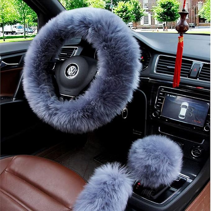 15inches Universal Leather Car Steering Wheel Cover Car Accessories Colorful Fuzzy Steering Wheel Cover Gear Shift Cover Handbrake Cover (Gray)