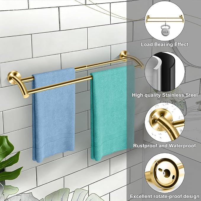 MGahyi Adjustable Double Towel Bar 14.5-24.8Inch, Matte Telescopic Stainless Steel Wall Mount Towel Holder, Rustproof Towel Rack for Bathroom Kitchen RV Laundry Hotel (Gold, Double-Bar)