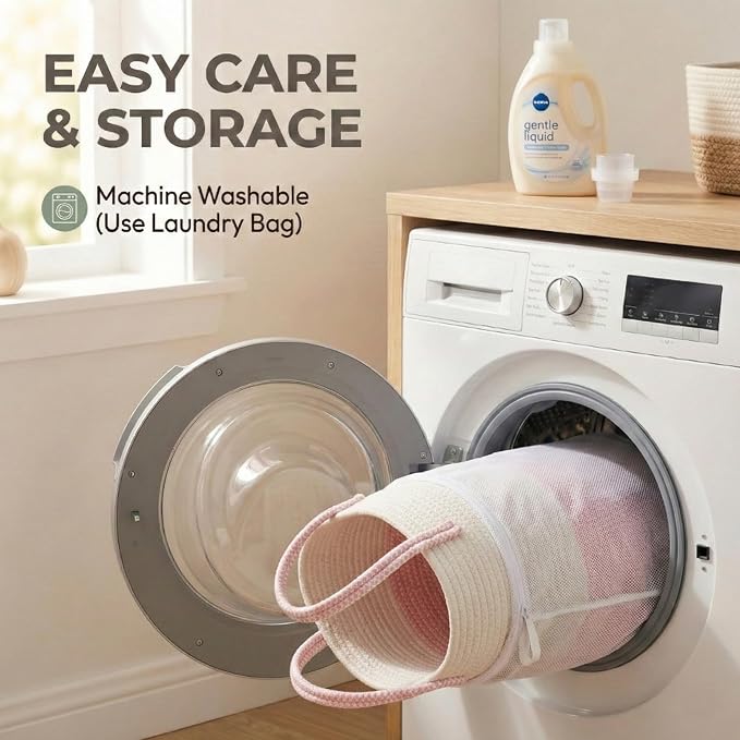JMvicyroam 115L Extra Large Blanket Basket for Living Room - Woven Cotton Rope Laundry Hamper with Reinforced Handles - Storage Bin for Pillows, Comforters & Toys - Machine Washable,White&Pink
