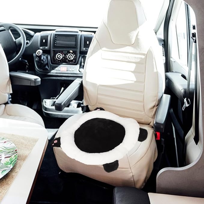 Panda Plush Car Seat Cushion with Lumbar Support for Drivers and Office Chairs, Black Rabbit Fur Blend Round Automotive Seat Pad for Comfortable Driving and Elderly Use