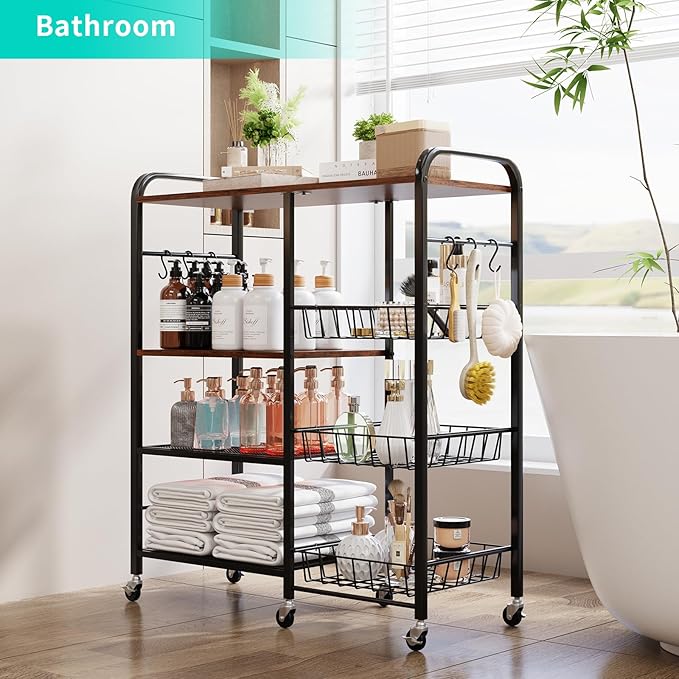 HapiRm Rolling Kitchen Microwave Cart - 4 Tier Microwave Table Stand with Pull-Out Baskets, Coffee Bar Baker's Rack with Wheels Rolling Storage Cart Organizer Shelf for Living Room Office, Balcony