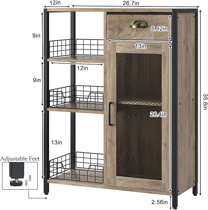 X-cosrack 3 Tier Coffee Bar Table with Storage Drawer, 35.8" H Adjustable Shelf Farmhouse Coffee Stand Station Table for Corner, Kitchen, Dining, Liquor Cabinet Rustic Wood Coffee Table-Grey