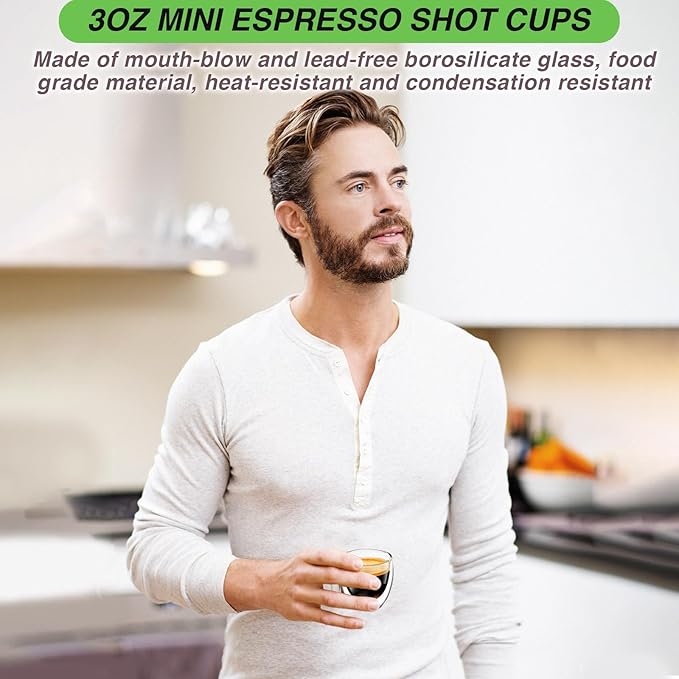 Espresso Cups Set of 4, 3 OZ Expresso Shots Glass Cup, Double Walled Glass Coffee Mugs, Espresso Machine Accessories,Insulated Clear Espresso Shot Glasses Cups,Water Won't Enter Between Double Walls