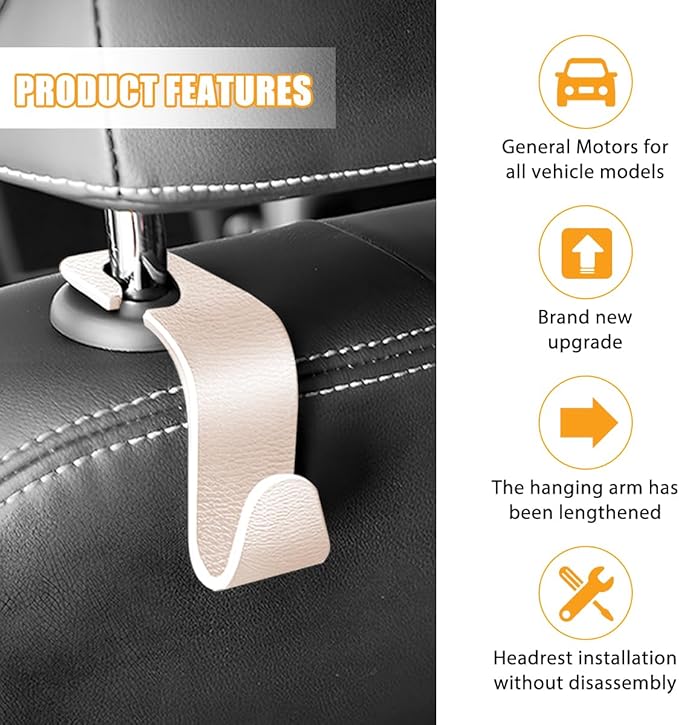 HZEL Car Seat Headrest Hook, 4PCS Vehicle Back Seat Hanger Hook for Purse Coat Umbrella, Multifunctional Auto Interior Storage Organizer Accessories, Universal for SUV RV Truck (Beige)