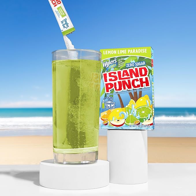 Wyler’s Light Island Punch Singles To Go, Lemon Lime Paradise, 10-Count per Box (12 Pack) – Low Calorie Powdered Drink Mixes, Caffeine Free, Gluten Free, and Zero Sugar, 120 Total Powder Packets