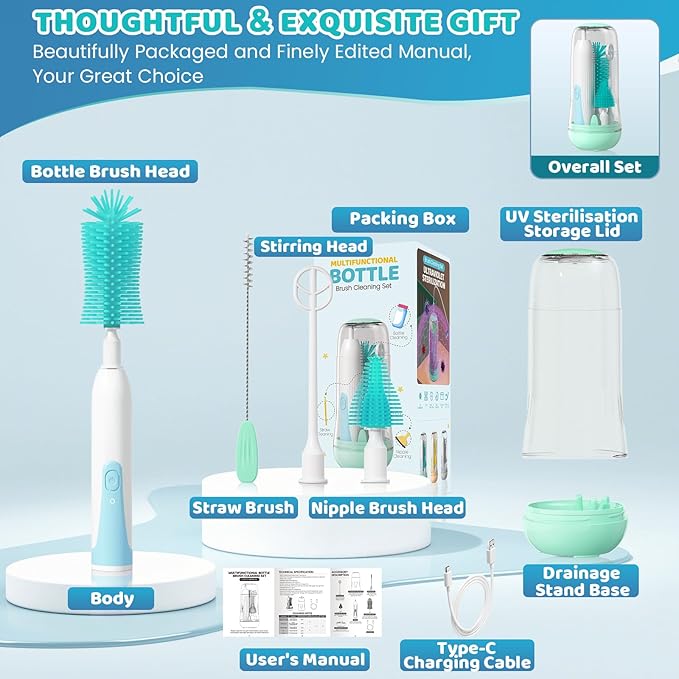 IvyWind Electric Travel Baby Bottle Brush Set with Storage Box, Automatic Bottle Cleaner Brush Kit with Silicone Bottle/Nipple/Straw Brush, Milk Frother Electric and Drainage Rack, Rechargeable, Green