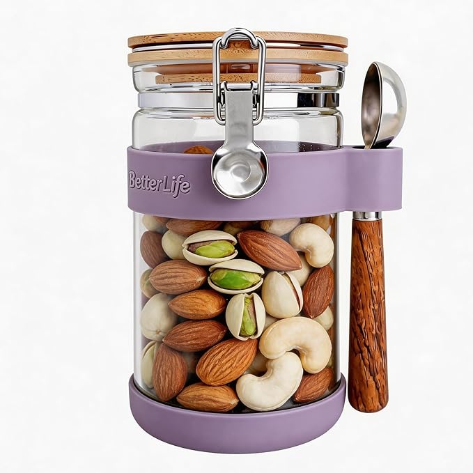 KKC HOME ACCENTS Airtight Borosilicate Glass Nuts Storage Jar with Clamp Lid & Scoop,Sealed Glass Container for Nuts and Seeds,Walnuts,Cocoa,Peanut,Pecan,Kitchen & Pantry Organization - 40 Fl.Oz