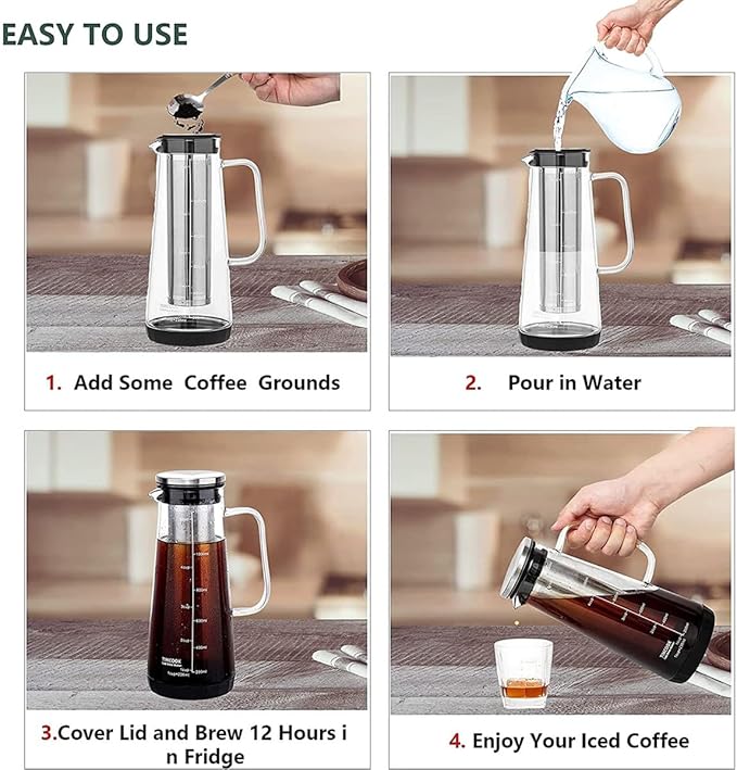 Airtight 1.0L/34oz Glass Carafe Cold Brew Coffee Maker-Iced Coffee Maker Featuring Removable Stainless Steel Tea Infuser Filter