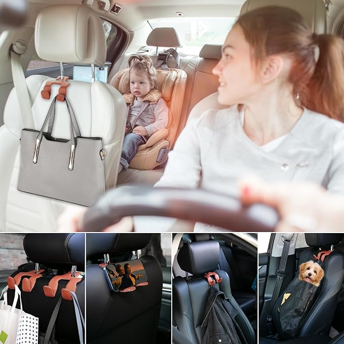 Headrest Hooks for Purses and Bags, Car Back Seat Organizer 2024 Upgraded 2 in 1 Durable Leather Hanger Holder Hook Car Interior Accessories,1-Pack,Brown