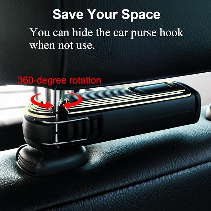 Car Headrest Hidden Hook, New Upgraded 2 in 1 Car Seat Hook with Phone Holder, 360° Rotation Car Hooks for Purses and Bags, Grocery Bag & Handbag (Gold - 1PCS)