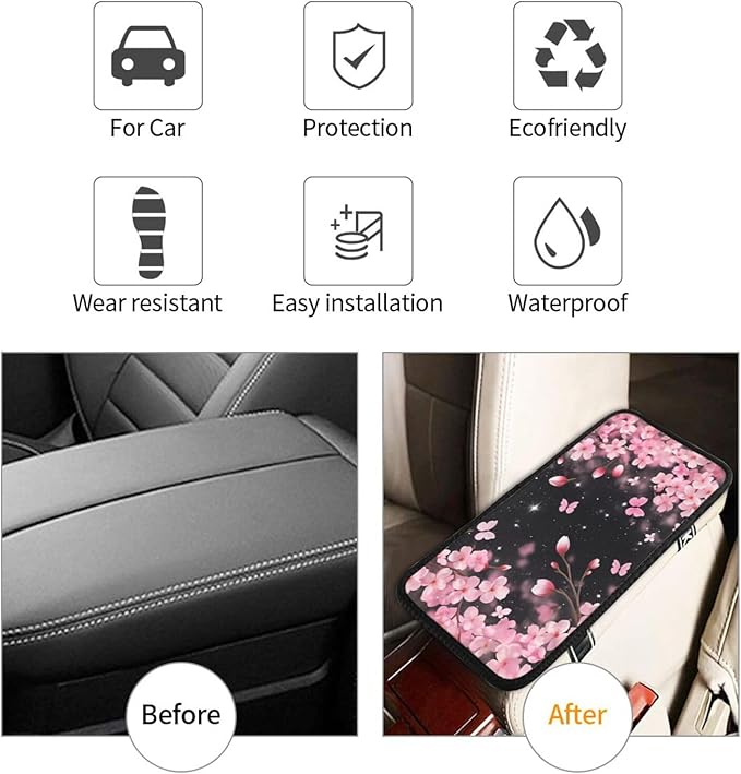Universal Car Center Console Cushion Pad, Pink Cherry Blossoms Soft Waterproof Car Center Console Cover Auto Armrest Seat Box Cover Protector for Most Vehicle SUV Truck Car