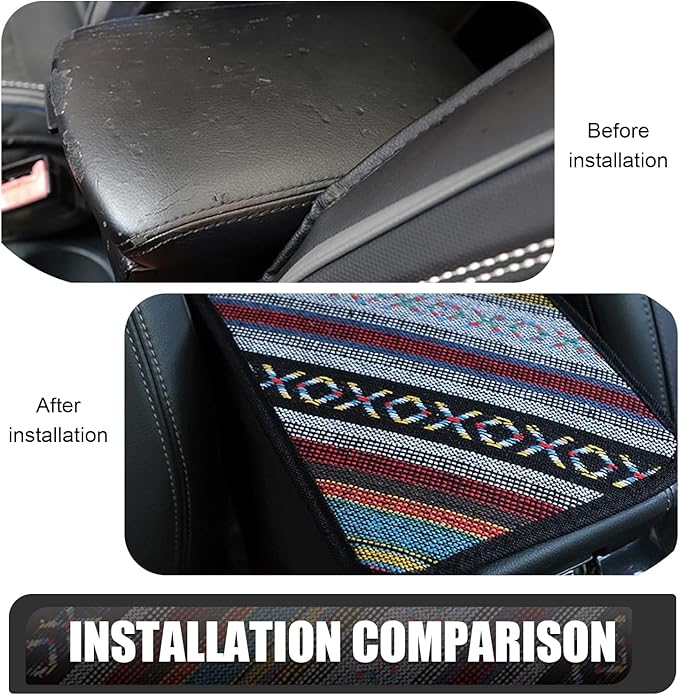 Car Center Console Cover, 12.6x7.5 Inch Car Armrest Pad, Boho Style Linen Armrest Seat Box Cover, Auto Armrest Cover Protector for Most Vehicle, SUV, Truck