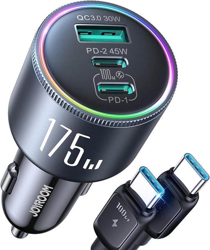JOYROOM 175W Car Charger USB C Fast Charge, 3-Port Type C Super Fast Car Charger for iPhone 17 with USBC Cable, Cigarette Lighter Adapter for iPhone 17/16/15 Pro Max, Laptop, iPad, Samsung S25/S24/23