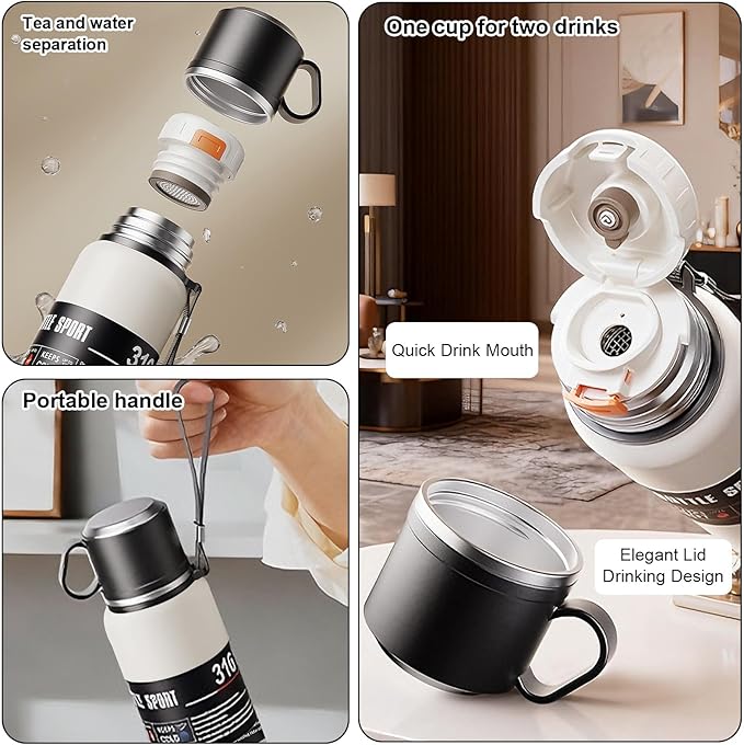 Double wall vacuum Leakproof stainless steel wide mouth insulated water bottle;tea tumbler with tea strainer infuser basket,cup and lid; travel coffee thermoses hot drinks;portable cold thermal flask