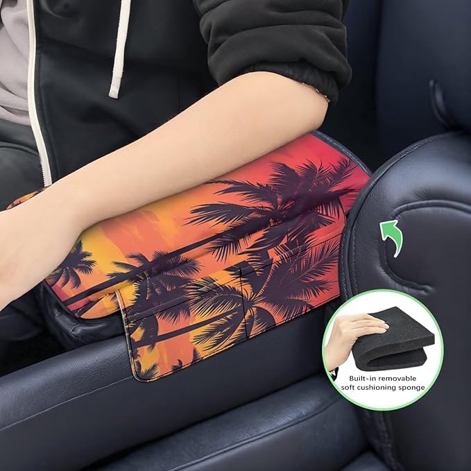 Dreaweet Palm Tree Print Center Console Armrest Cover with Side Pockets Thick Armrest Cover for Car Truck SUV Van,Soft Non-Slip Car Arm Rest Cover Pad