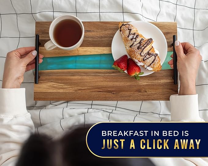 Comfify Visually Stunning Celeste Blue Resin + Acacia Wood Serving Board with Handles - 16x9 Serving Tray for Food, Breakfast in Bed, Coffee Table, Decor, Organization, Snacks, Patio, Lap Tray