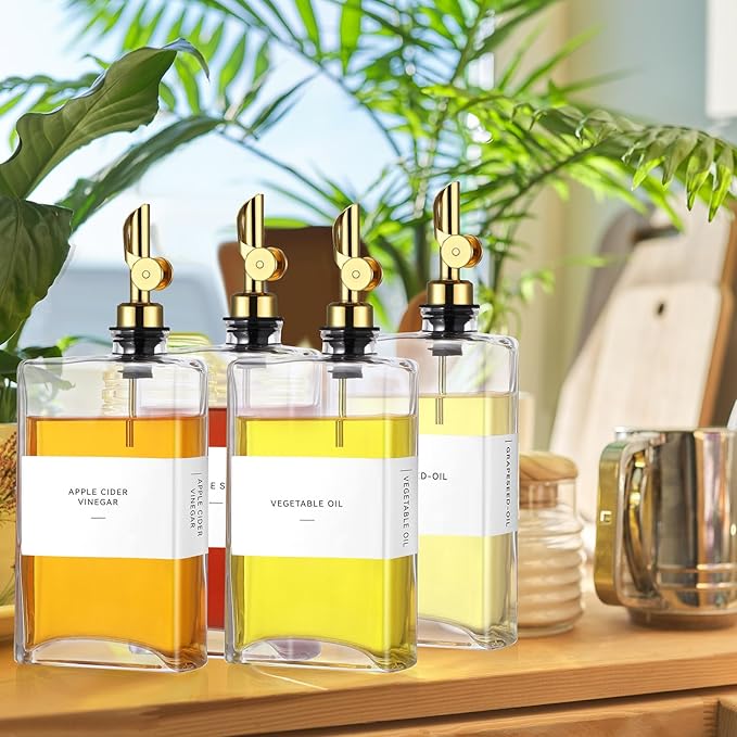 4 Pcs Olive Oil Dispenser for Kitchen, Glass Olive Bottles Oil Seasoning Bottle Set Coffee Syrup Soy Sauce Dispenser (Gold,350 ml)