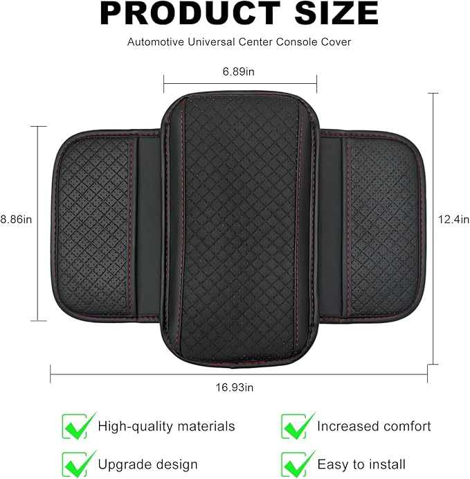 Car Center Console Cover, Microfiber Leather Armrest Cover Cushion with 2 Storage Bags, Anti-Scratch Middle Console Protector Interior Accessories for Most Cars SUVs Trucks (Black & Red)